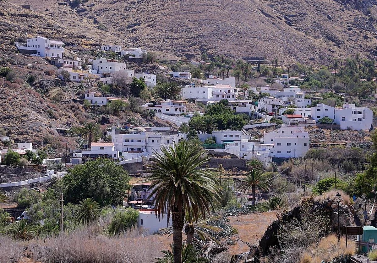 El Risco neighbourhood in Agaete, Gran Canaria, with white houses and palm trees on the mountain slope